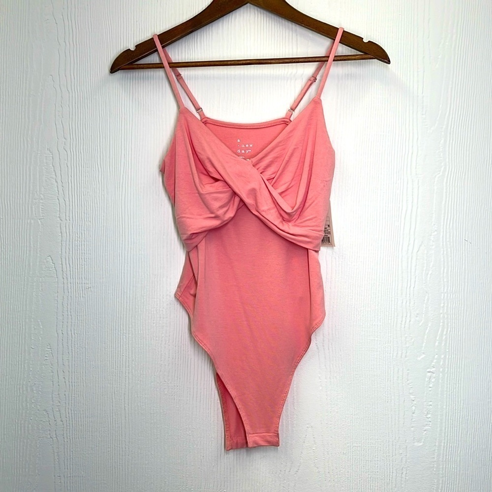 A New Day - NWT Coral Pink Swoop Front Spaghetti Strap Snap Bodysuit Size Small